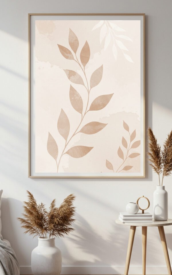 Download elegant minimalist botanical wall art in soft neutral watercolor tones. Scandinavian-inspired printable in 6 high-resolution sizes (A5–A0).