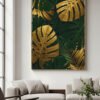 abstract jungle leaves wall art, tropical gold accents artwork, luxury printable wall decor, modern high contrast digital painting,
