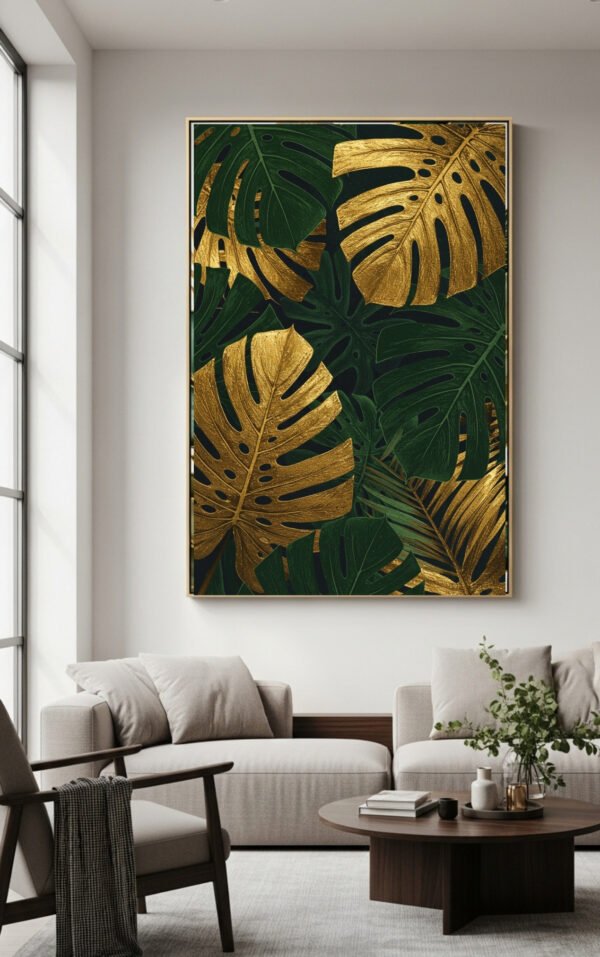 abstract jungle leaves wall art, tropical gold accents artwork, luxury printable wall decor, modern high contrast digital painting,