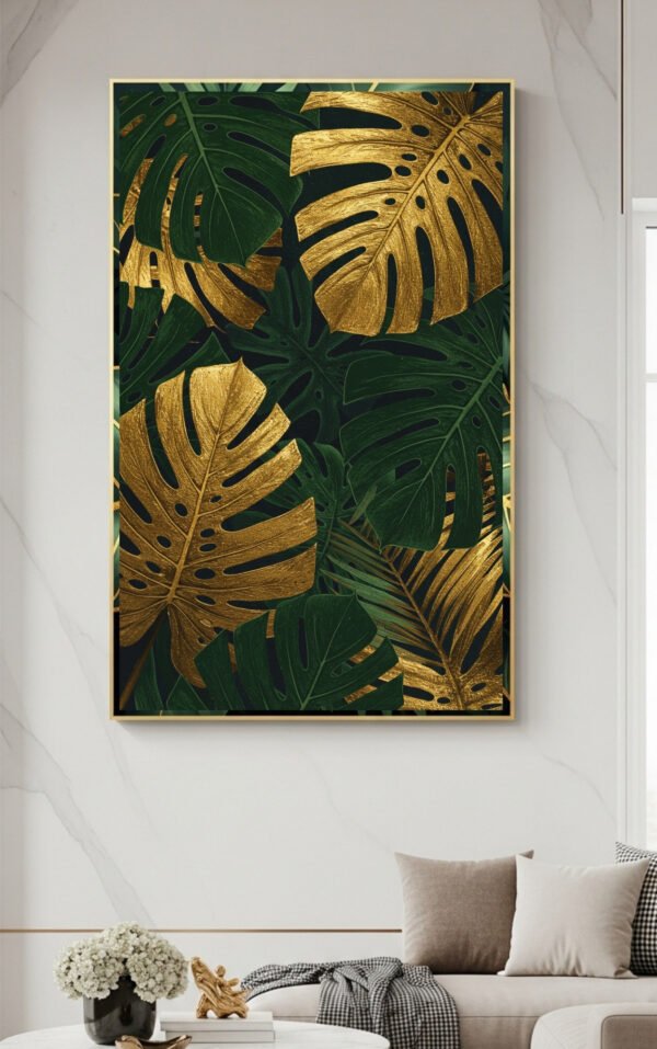 lush green jungle art print, contemporary tropical wall decor, elegant gold leaf digital art, instant download tropical wall art, luxury botanical abstract artwork, tropical greenery printable home decor, jungle leaves modern statement art, upscale tropical wall print