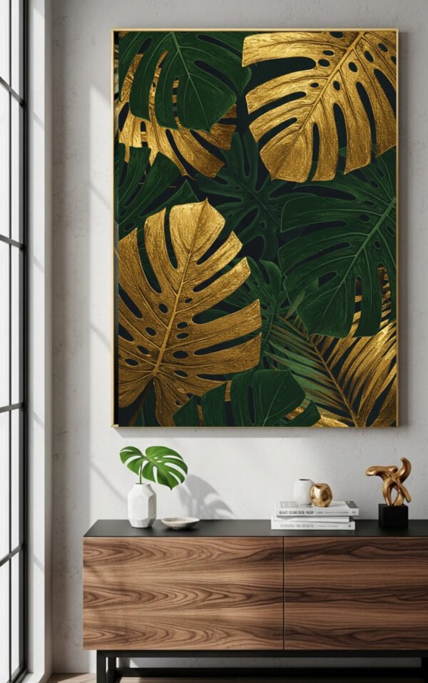 lush green jungle art print, contemporary tropical wall decor, elegant gold leaf digital art, instant download tropical wall art, luxury botanical abstract artwork, tropical greenery printable home decor, jungle leaves modern statement art, upscale tropical wall print