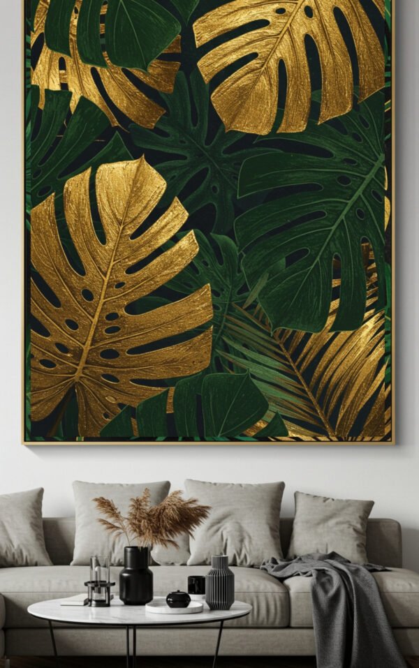 lush green jungle art print, contemporary tropical wall decor, elegant gold leaf digital art, instant download tropical wall art, luxury botanical abstract artwork, tropical greenery printable home decor, jungle leaves modern statement art, upscale tropical wall print