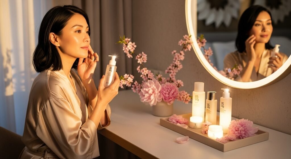 J-Beauty lifestyle, Japanese skincare flatlay, minimalist beauty 2025, hydrating skincare routine by artisan anthology