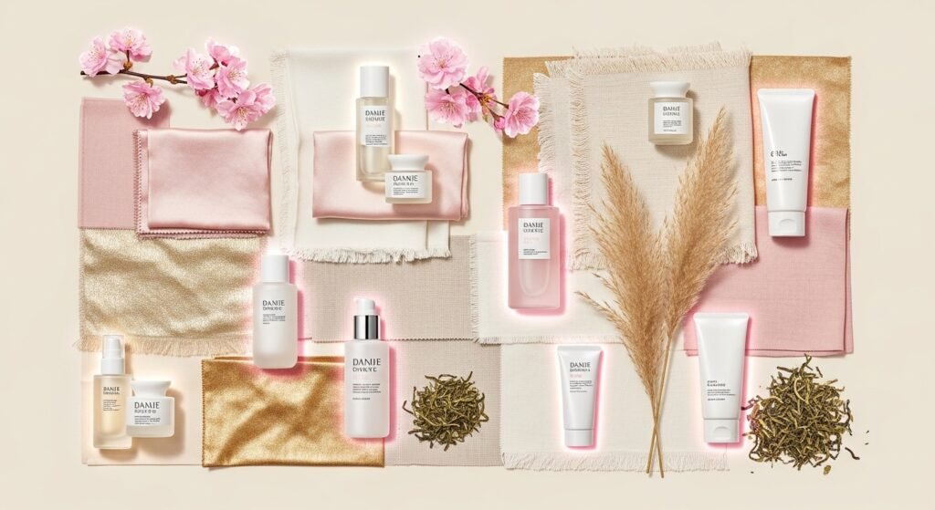 J-Beauty ingredients, Japanese skincare natural products, green tea skincare flatlay, rice bran beauty 2025 by artisan anthology