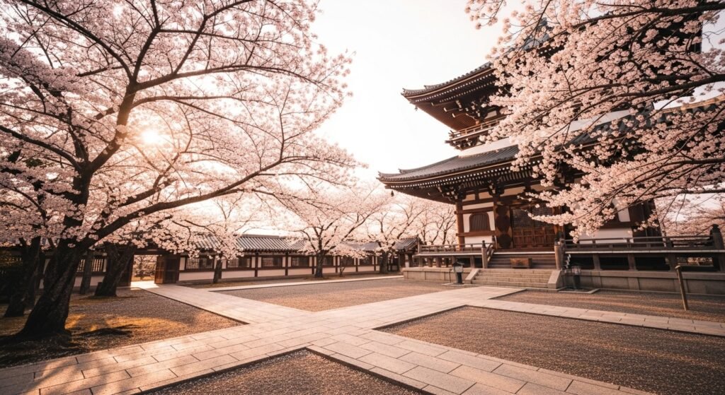 Kyoto Japan cherry blossom travel, Japanese temples lifestyle photography, blush and beige Kyoto tourism, serene Japan travel inspiration 2025, luxury Asia travel by artisan anthology