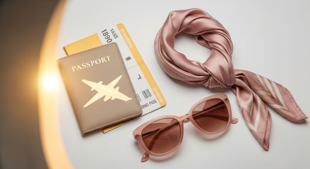 travel flatlay aesthetic, luxury travel essentials, blush and beige travel photography, digital glow passport flatlay, Pinterest travel hero image by artisan anthology