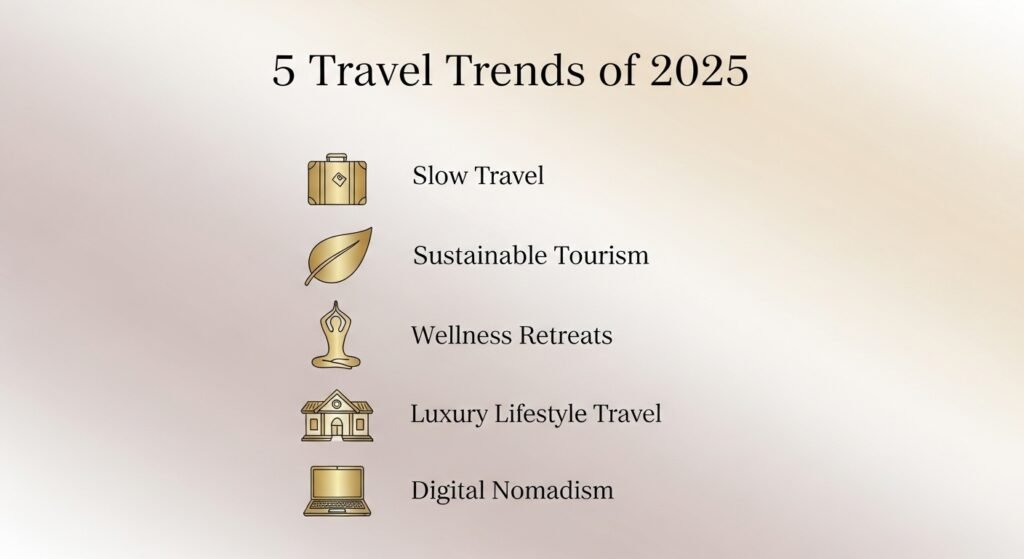travel trends 2025 infographic, sustainable travel Pinterest pin, slow travel lifestyle graphic, best tourism trends 2025, minimalist infographic travel design by artisan anthology