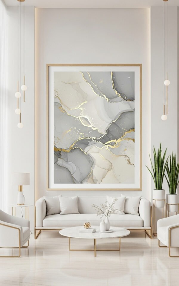 Large Gray and Ivory Wall Art with Gold Accents