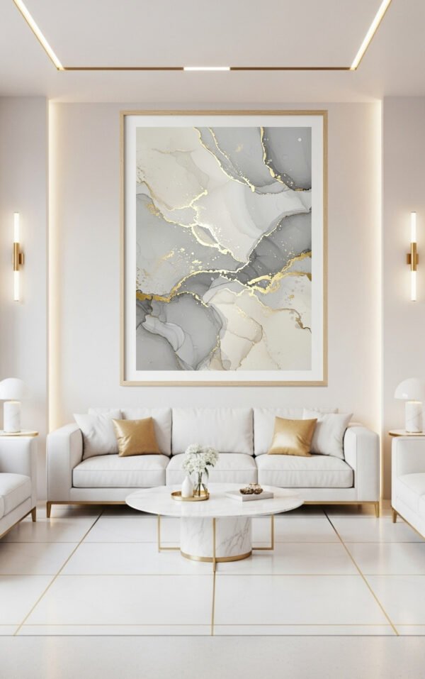 Large Gray and Ivory Wall Art with Gold Accents