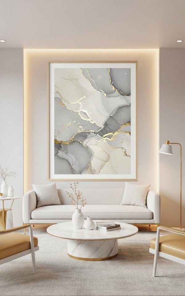 Large Gray and Ivory Wall Art with Gold Accents