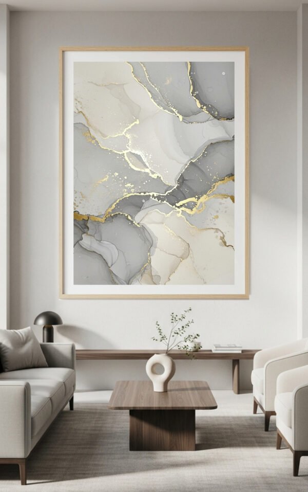 Large Gray and Ivory Wall Art with Gold Accents