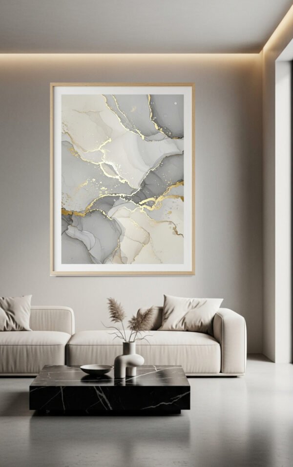 Large Gray and Ivory Wall Art with Gold Accents