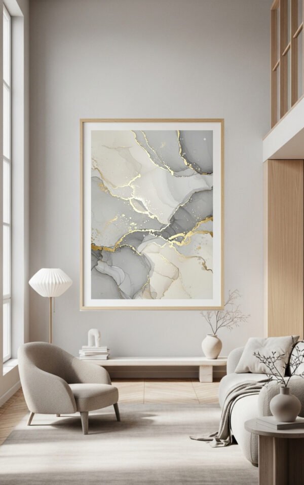 Large Gray and Ivory Wall Art with Gold Accents