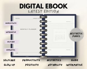 Cream Minimal Monthly Planner Digital Notebook | Undated Digital Monthly Calendar Organizer | Minimalist Productivity Journal PDF