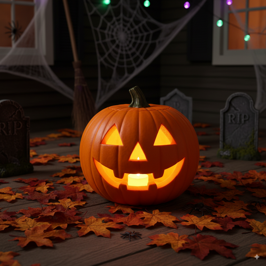 Classic jack-o-lantern glowing with fall leaves and Halloween décor. by artisan anthology