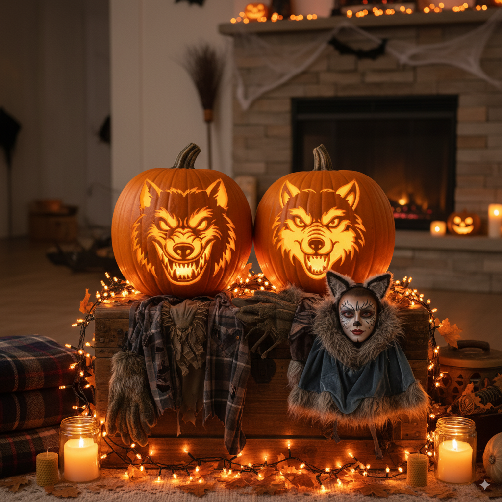 Sugar skull pumpkin carving glowing for Halloween celebration. by artisan anthology