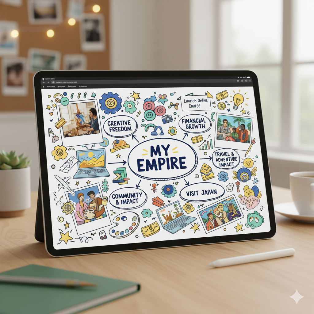 Creative digital goal-setting planner on iPad GoodNotes with vision board and mind map. by artisan anthology