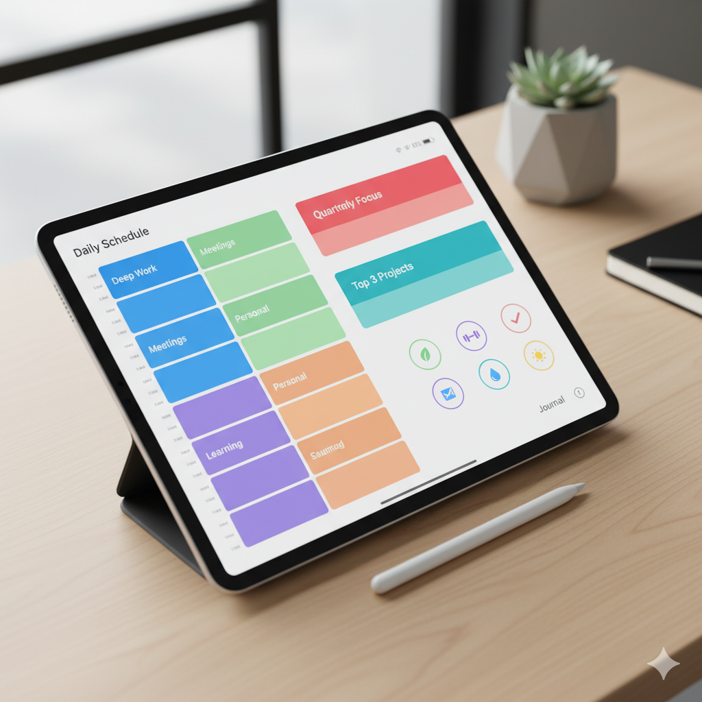 Digital planner for time management and goal setting on iPad – minimalist workspace productivity setup by artisan anthology