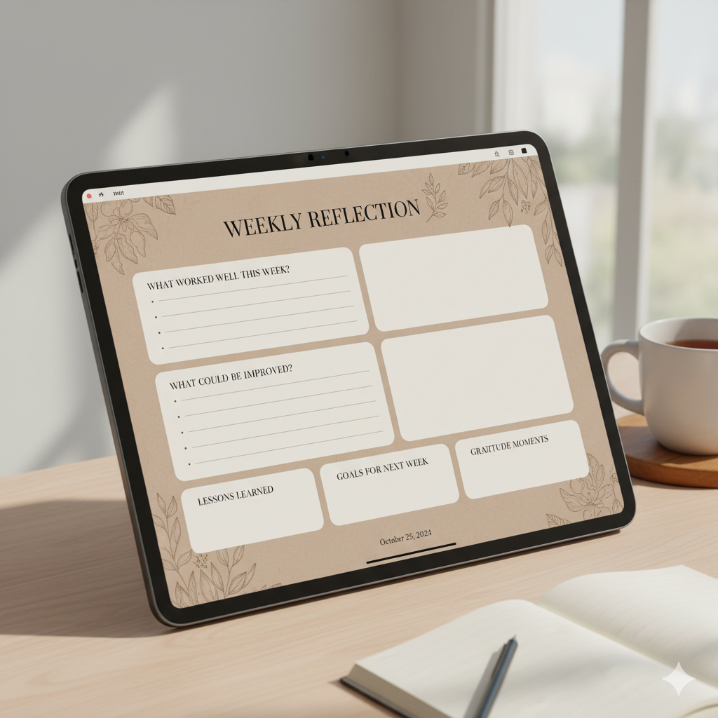 Digital planner reflection and review page for weekly productivity tracking by artisan anthology