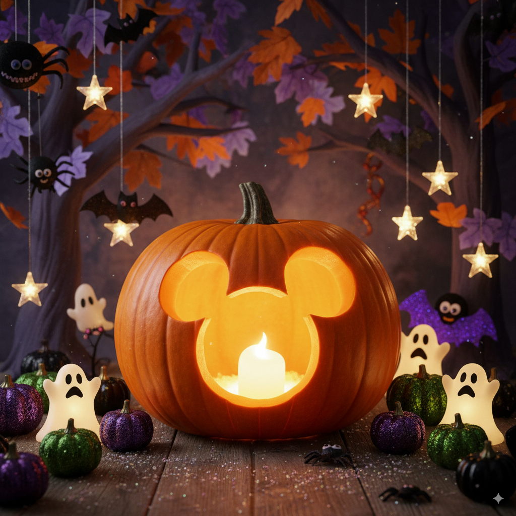 Disney-inspired Mickey pumpkin carving glowing in Halloween décor. by artisan anthology