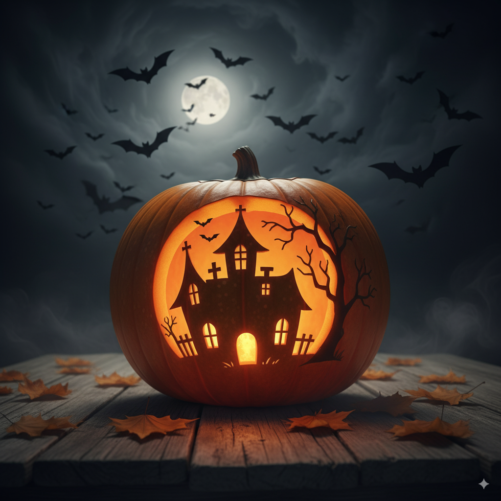 Haunted house pumpkin carving glowing with bats and spooky sky. by artisan anthology