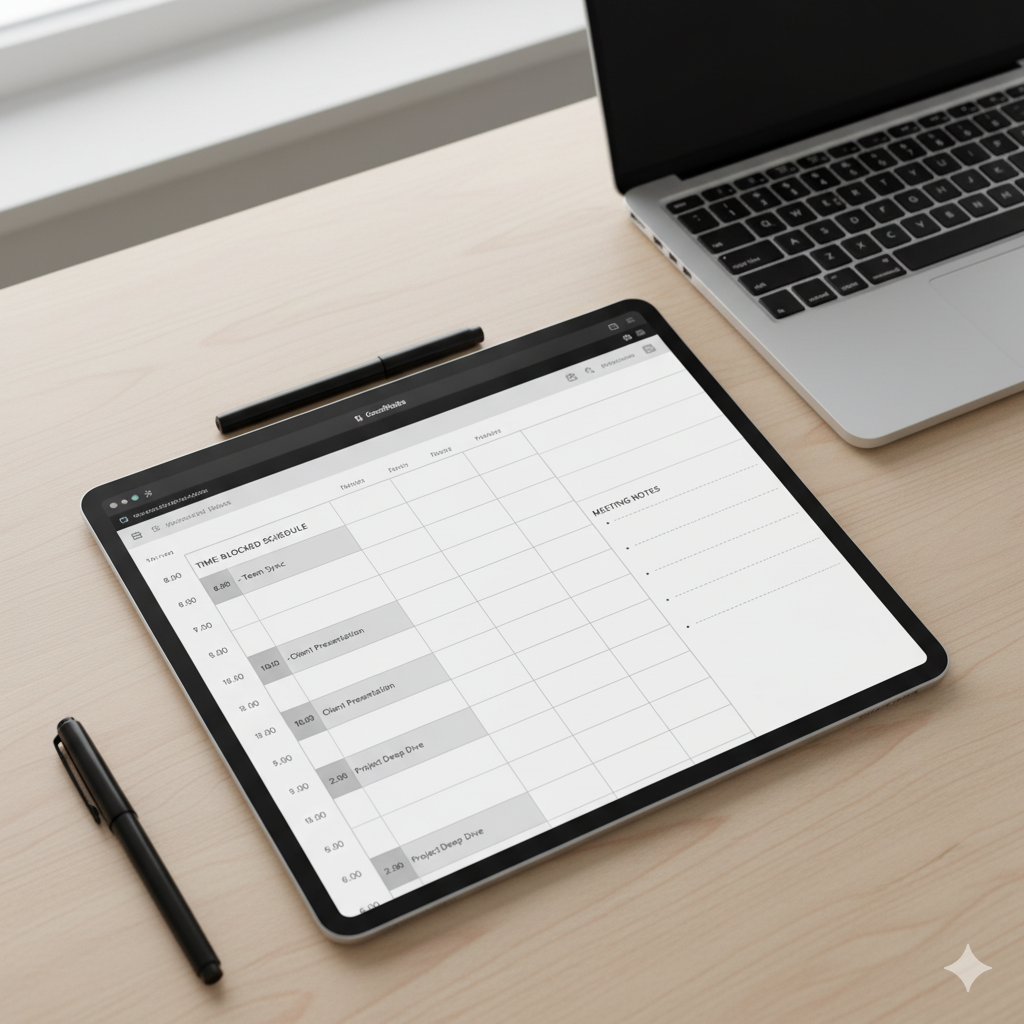 Minimalist professional digital planner for GoodNotes on iPad with time-blocking layout. by artisan anthology
