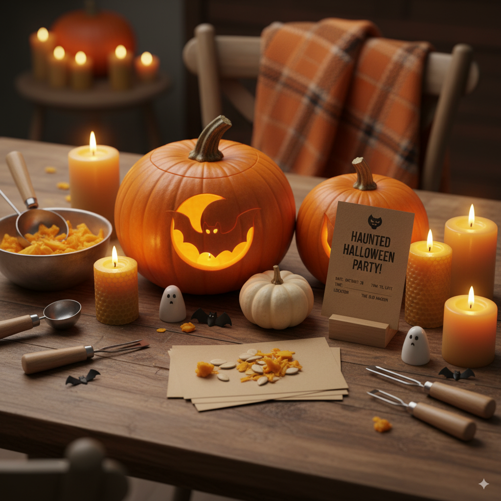 Outdoor Halloween pumpkin carving display with skeletons and décor. by artisan anthology