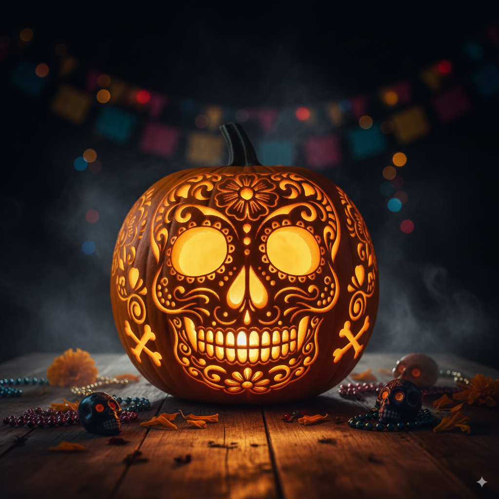 Pumpkin carving party with tools, pumpkins, and spooky Halloween invites. by artisan anthology