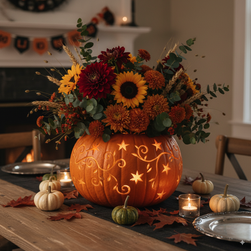 Pumpkin vase centerpiece with flowers for Halloween dining décor. by artisan anthology