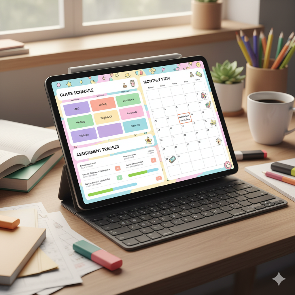 Student academic digital planner for GoodNotes on iPad with class schedule and tracker. by artisan anthology