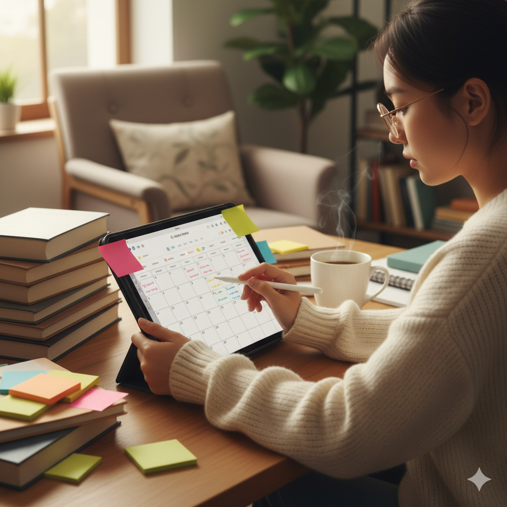 “Student using digital planner for study schedule vs paper planner – productivity tools for students” by artisan anthology