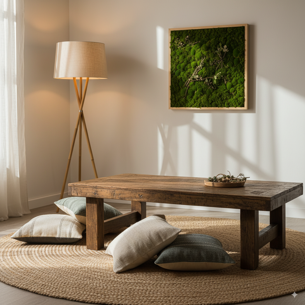 Zero-waste living room decor with reclaimed wood furniture, eco-friendly textiles, and sustainable wall art ideas. by artisan anthology