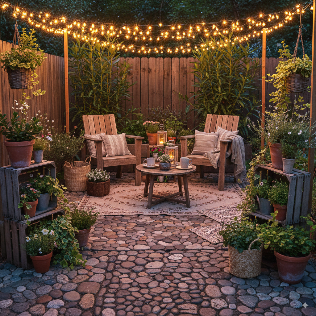 Zero-waste outdoor patio with DIY planters, reclaimed furniture, and solar-powered garden lighting. by artisan anthology