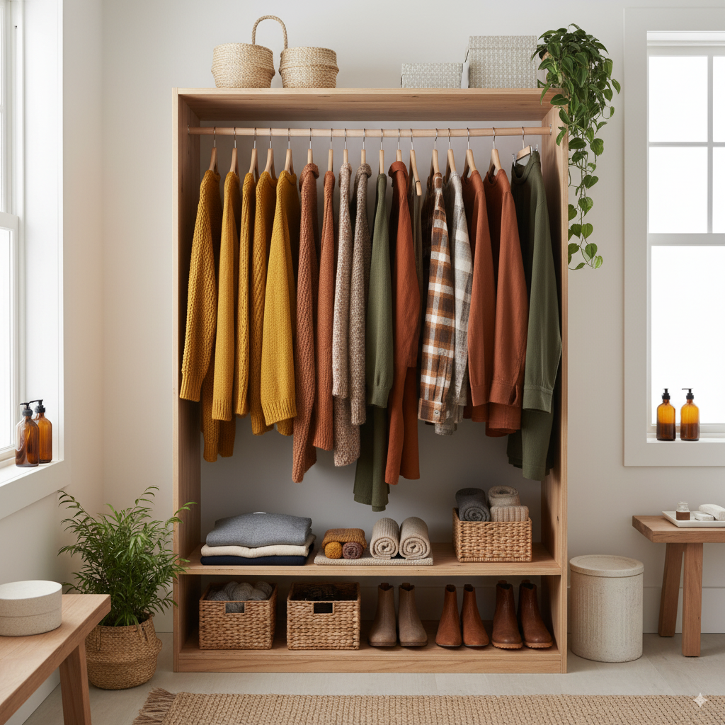 autumn capsule wardrobe sustainable fashion, eco-friendly closet fall 2025, zero-waste wardrobe cozy style, eco capsule fashion by artisan anthology