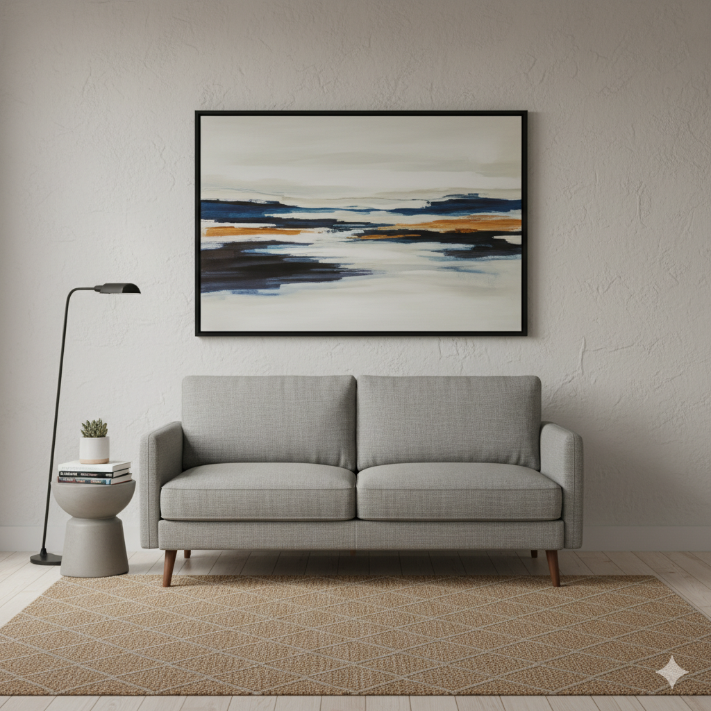 horizontal statement wall art above small sofa in studio apartment to make walls look bigger by artisan anthology