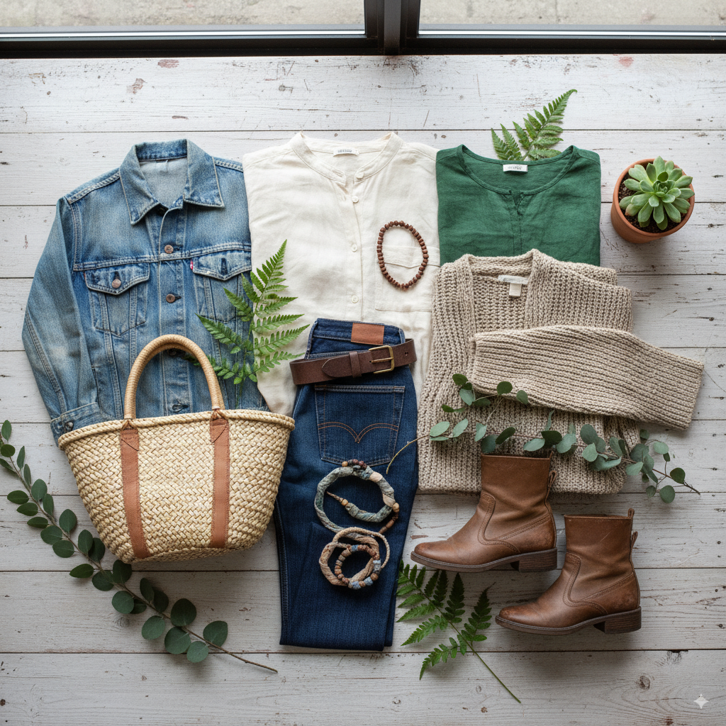 thrifted capsule wardrobe, secondhand fashion flat lay, organic cotton zero-waste fashion, recycled accessories eco style by artisan anthology