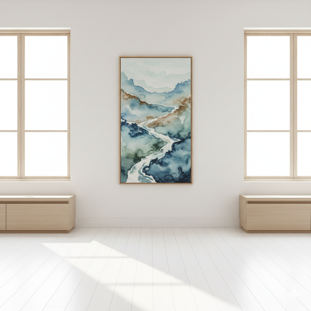 vertical slim wall art between windows in small apartment to draw eye upward by artisan anthology