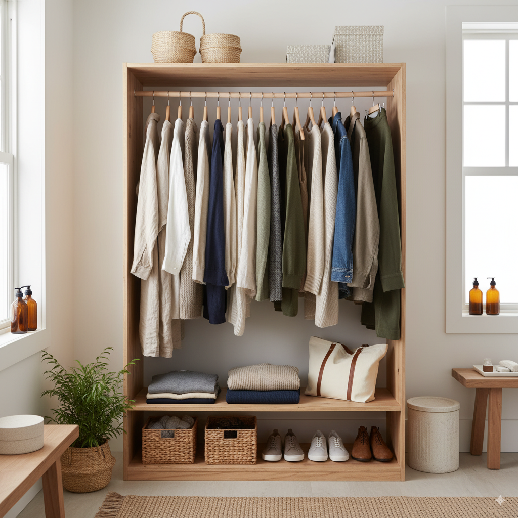 zero-waste wardrobe minimalist style, capsule closet eco-friendly clothing, sustainable fashion neutral colors, eco wardrobe ideas 2025 by artisan anthology