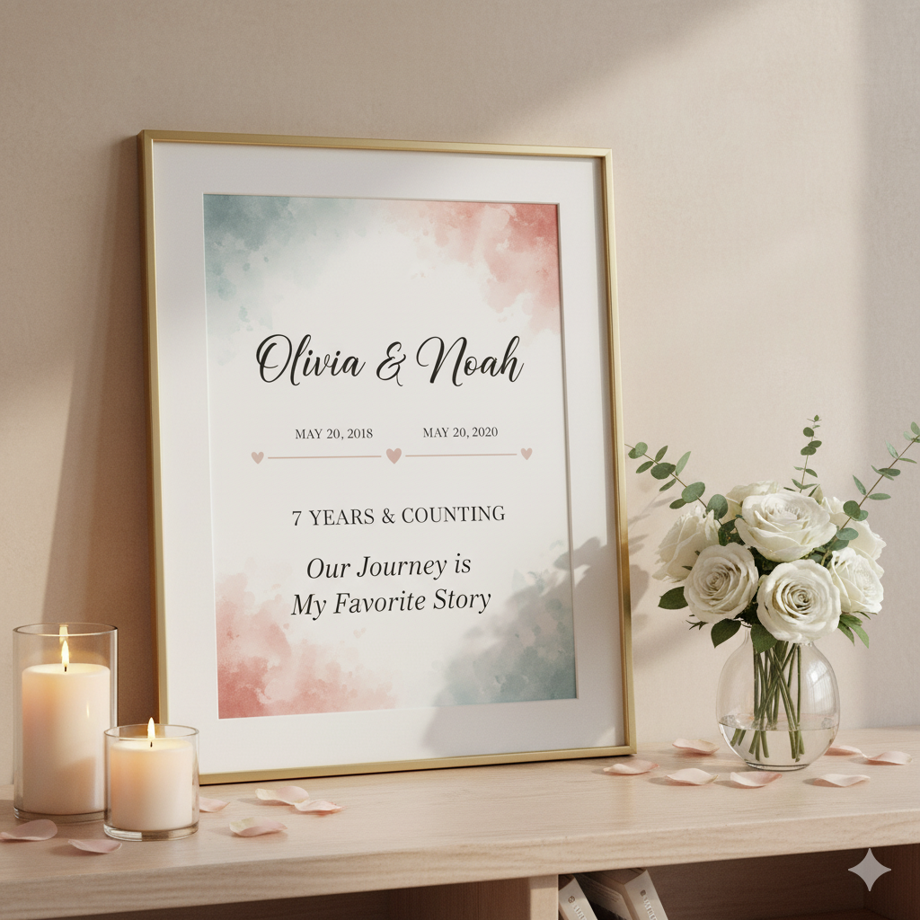 “Anniversary wall art timeline — personalized couple gift with love quote and wedding date.” by artisan anthology