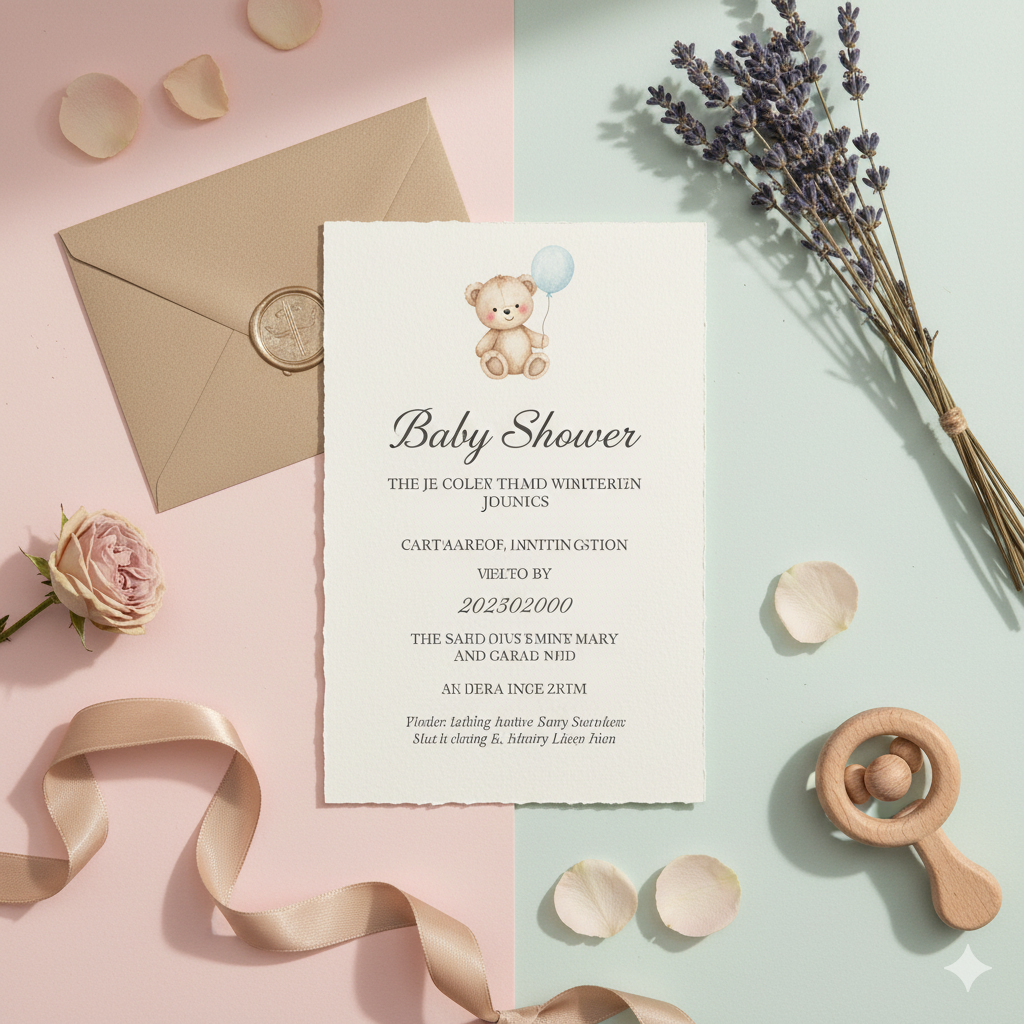 “Baby shower invitation wording example with cute teddy bear design and modern typography.” by artisan anthology