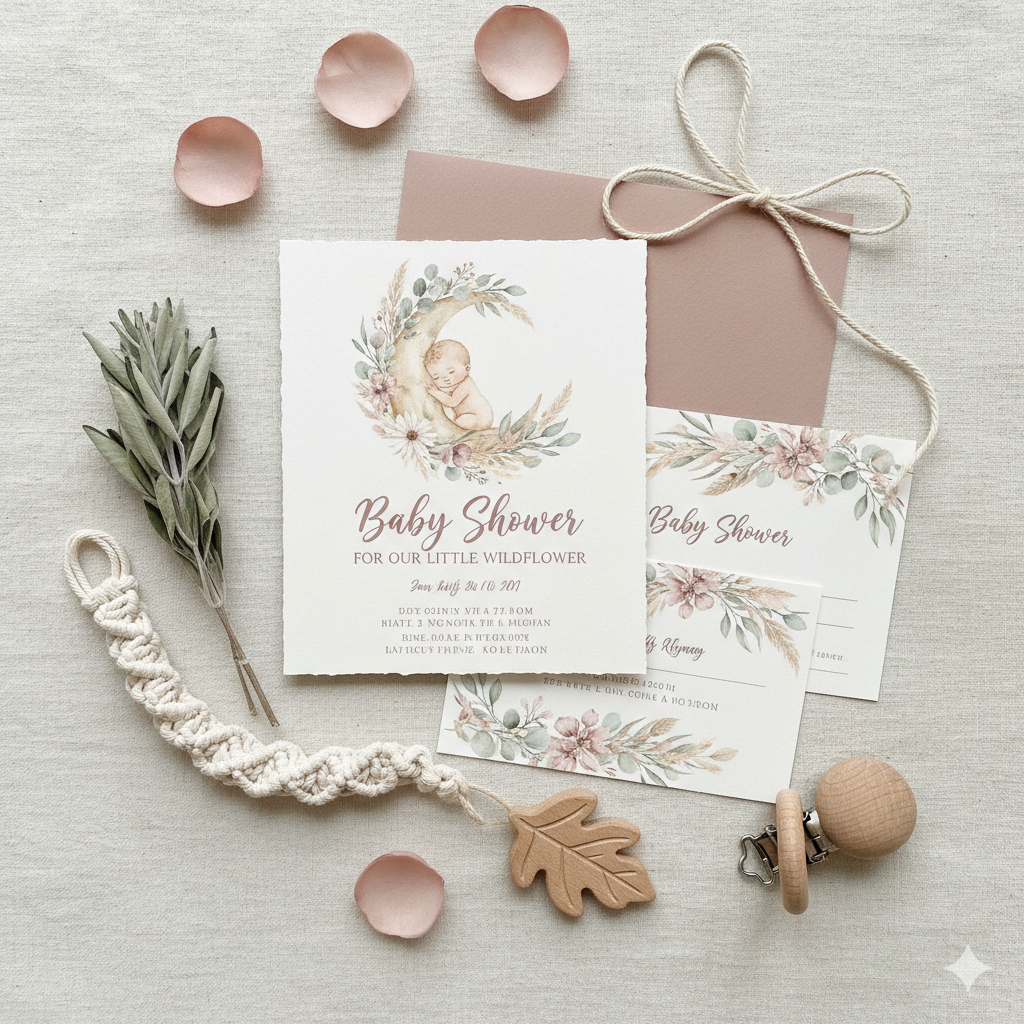 Boho baby shower invitation card design with neutral tones and floral details. by artisan anthology
