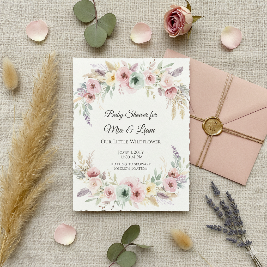 “Boho baby shower invitation card with soft pastel florals.” by artisan anthology