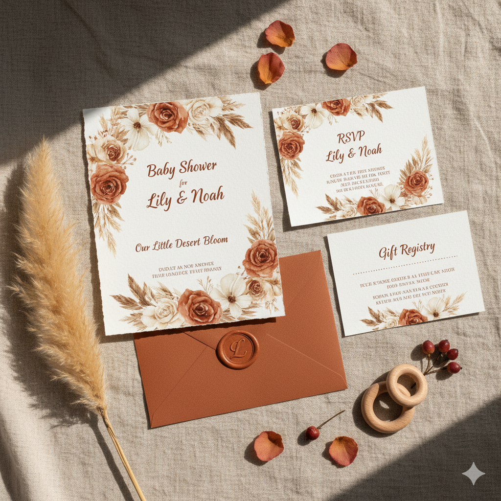 “Boho baby shower invitation with pampas grass and terracotta color scheme.” by artisan anthology