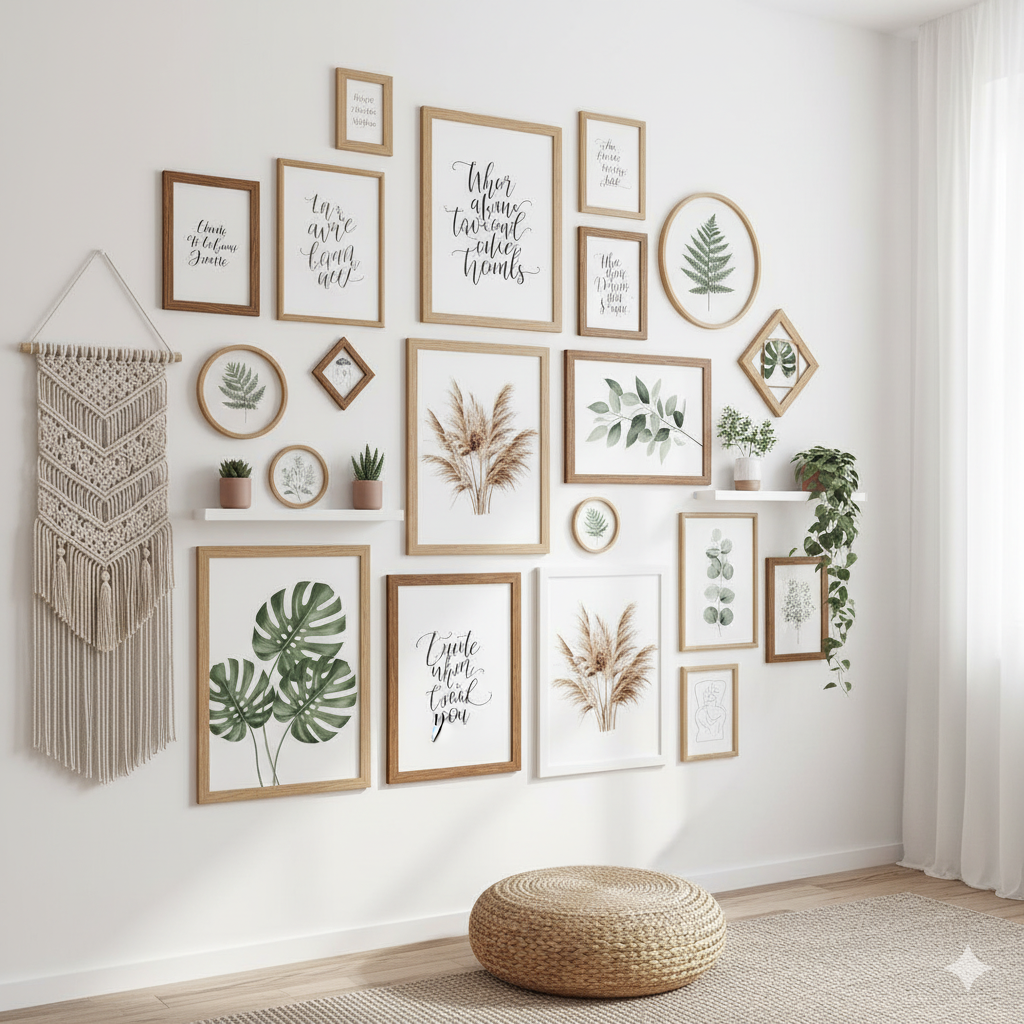 “Boho gallery wall with mixed art prints and wooden frames” by artisan anthology