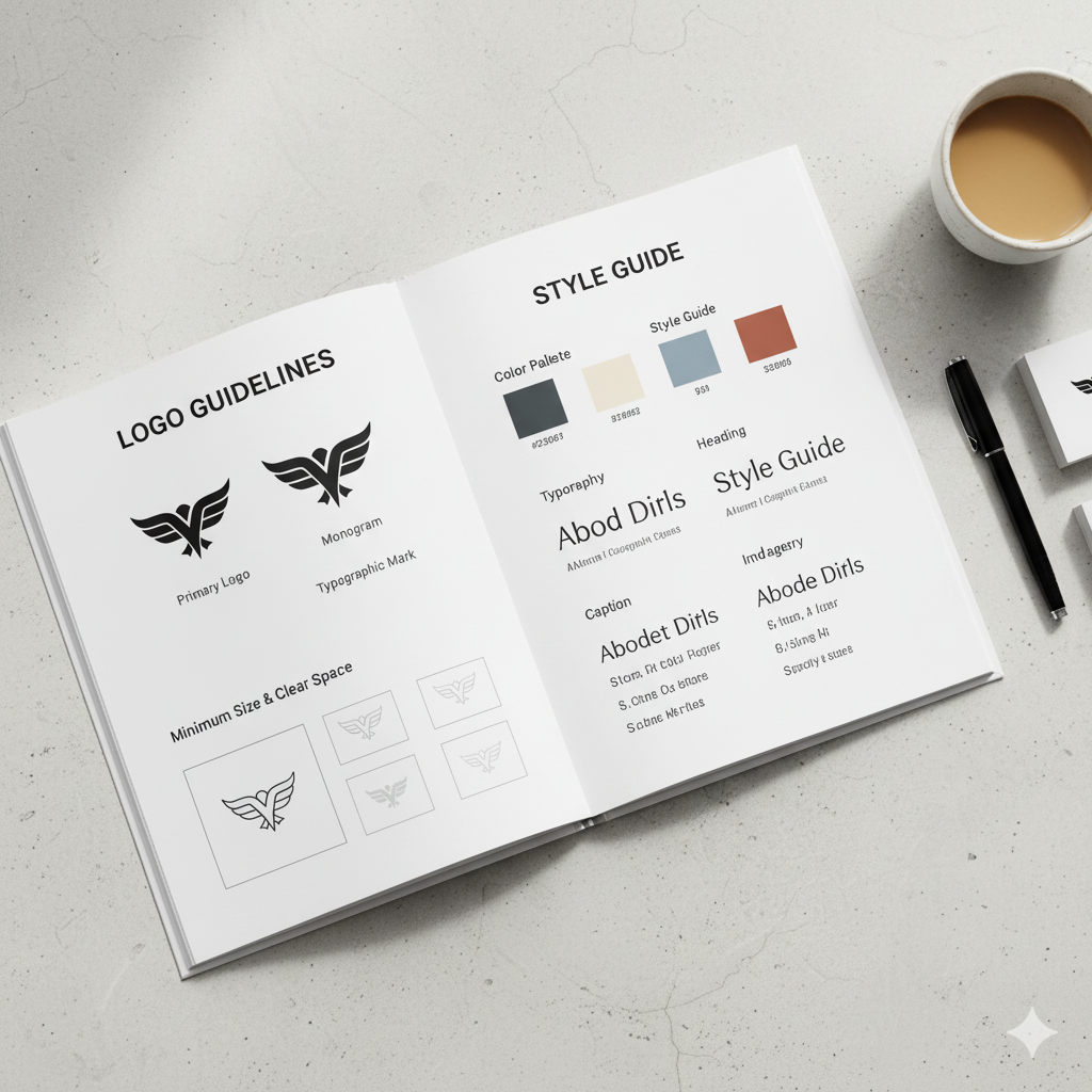 “Brand book vs style guide flat lay comparison” by artisan anthology