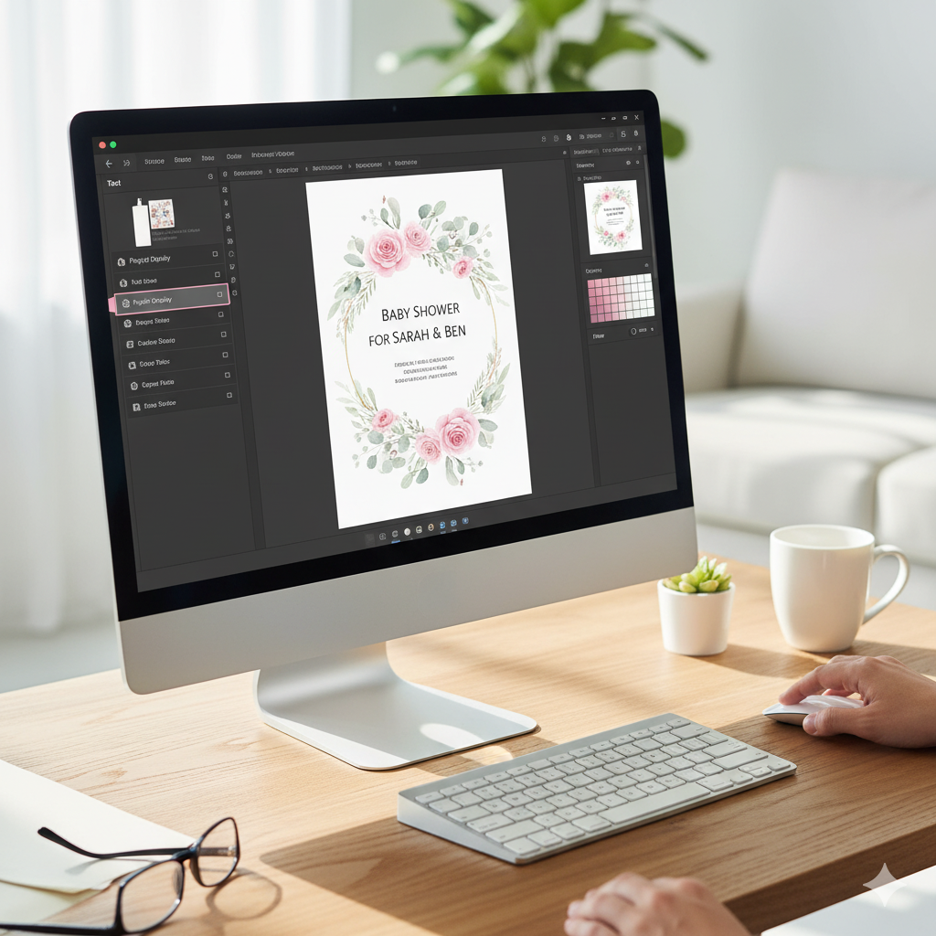 “Canva baby shower invitation template editing screen.” by artisan anthology