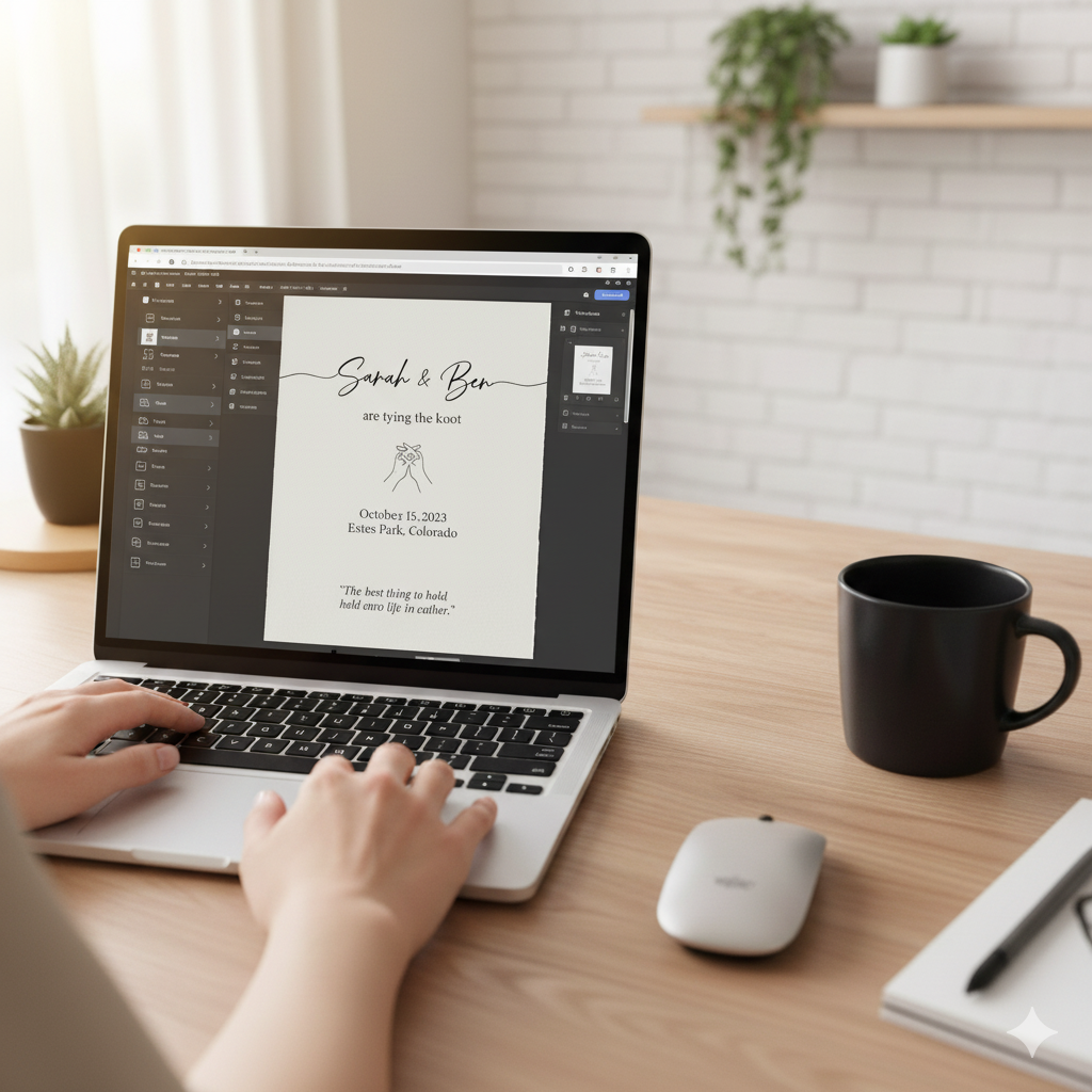 Canva design interface showing a wedding invitation template with typography and quote by artisan anthology