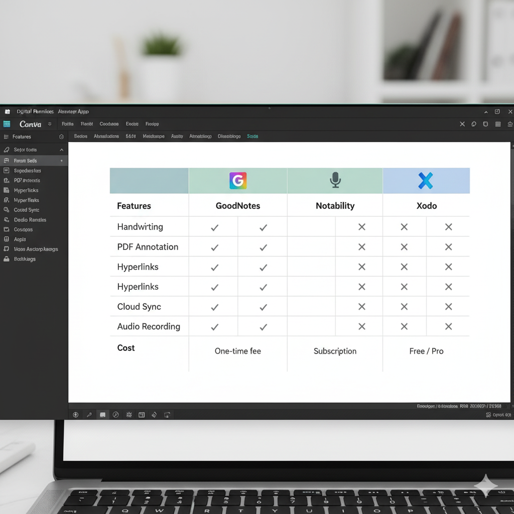 Comparison chart of top digital planner apps. by artisan anthology