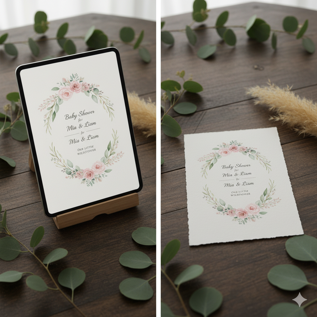 “Comparison of digital and printable baby shower invitations — modern vs traditional invitation format.” by artisan anthology