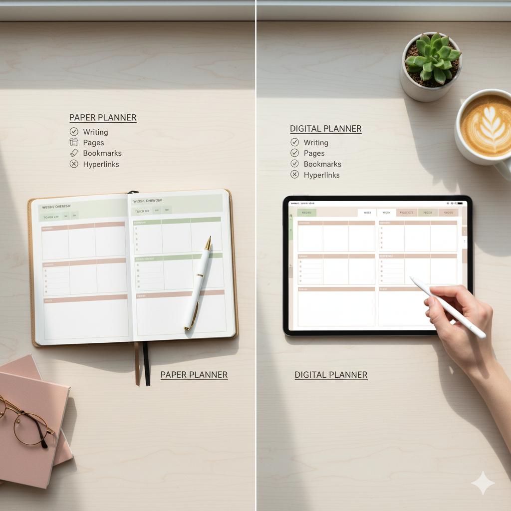 Comparison of paper and digital planner showing productivity benefits. by artisan anthology